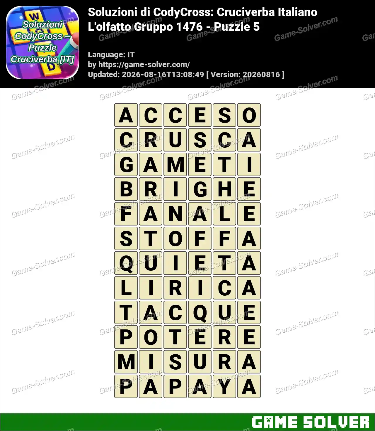 Soluzioni di CodyCross: Cruciverba Italiano L’olfatto Gruppo 1476 – Puzzle 5